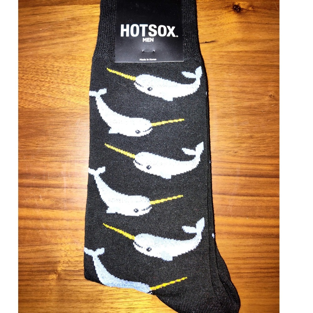 Hot Sox Mens Narwhal Crew Socks Black Animal Pattern Size 10-13 Shoe 6-12.5